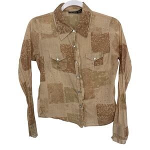 Magazine Pearl Snap Shirt Women Medium Tan Floral Patchwork Long Sleeve Y2K 90s